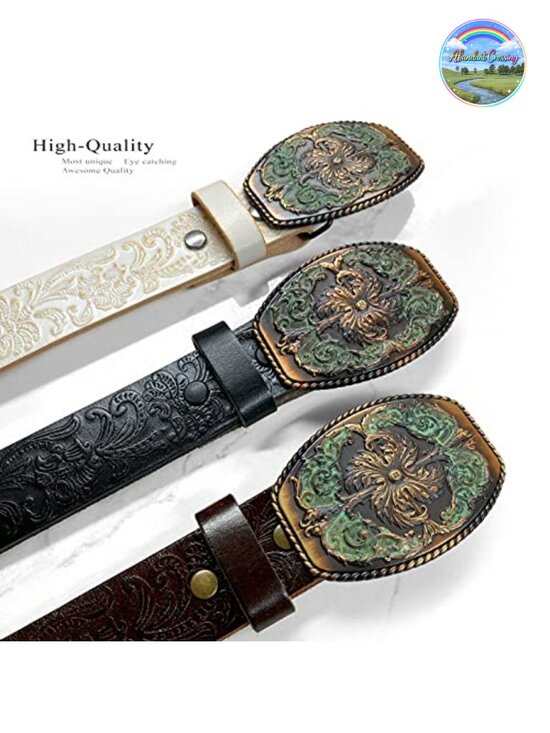 Full Grain Genuine Leather Western Floral Engraved Buckle Belt 1.5\